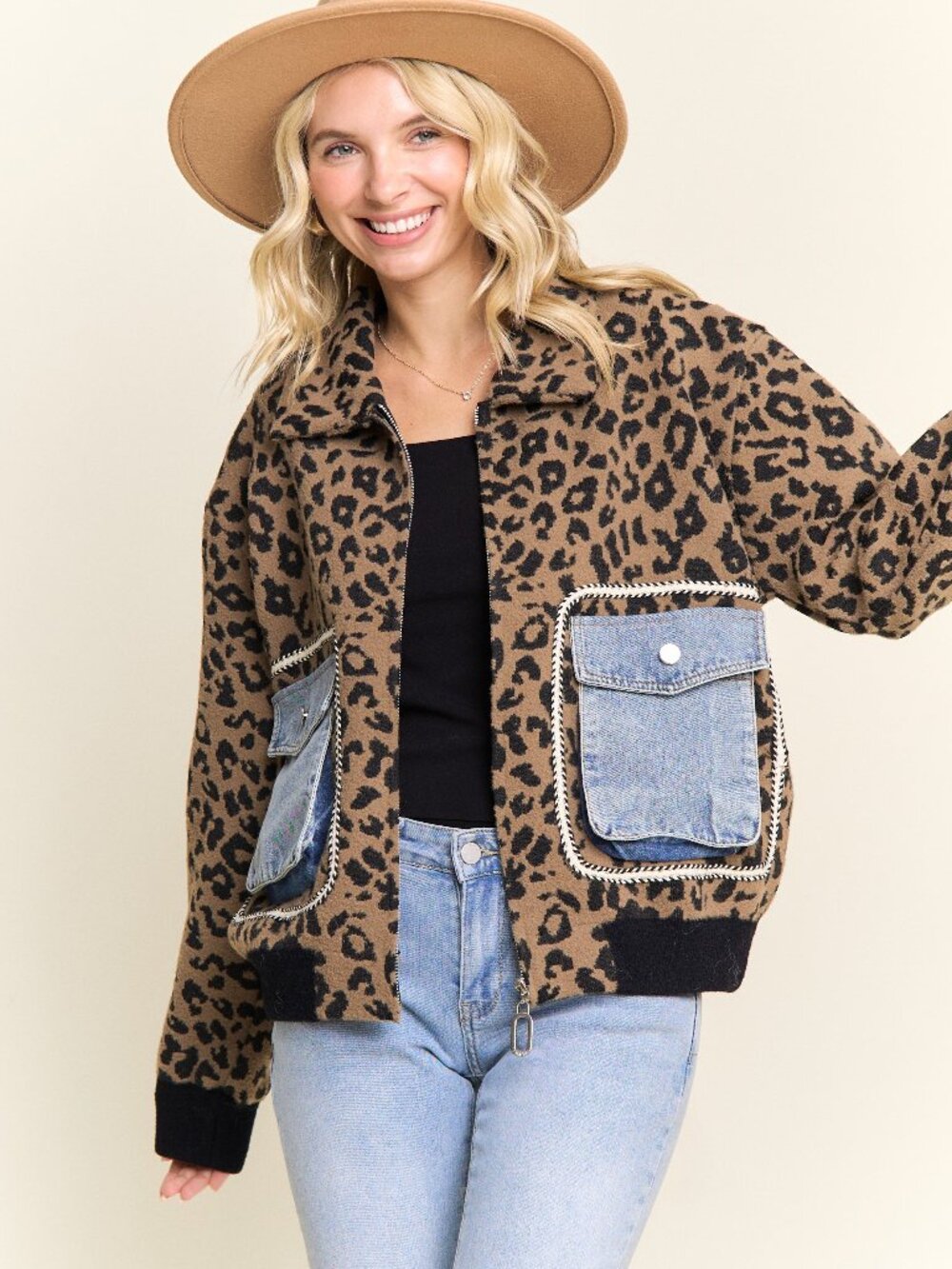 Leopard Print Jacket With Denim Pockets